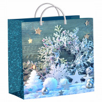 Подарочный пакет 30*30+10см Снежинки на бирюзе